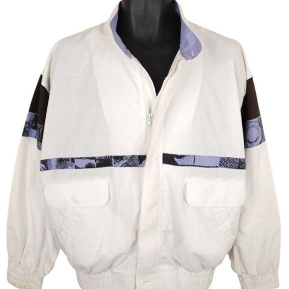 Vintage Bomber Jacket Mens Size Medium White Purple 80s 90s Abstract Lightweight - Picture 1 of 7